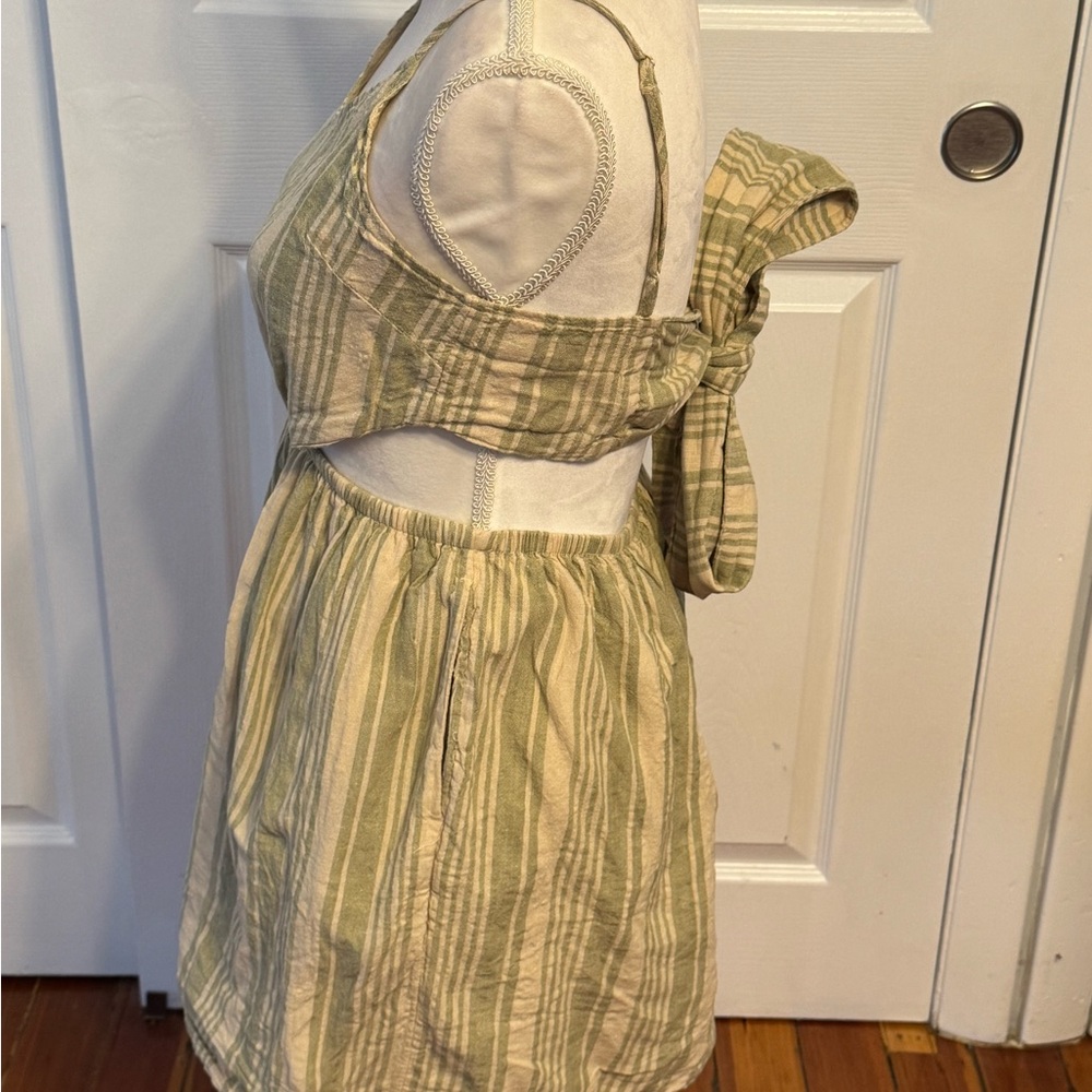 American Eagle Outfitters Green Beige Striped  Summer Cutout Midi Bow Dress - Picture 6 of 10